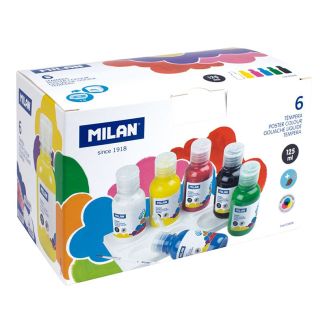 CAJA 6 BOTELLAS DE TEMPERAS DE COLORES DE 125ML CON PINCEL MILAN 03406 