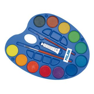 PALETA 12 PASTILLAS DE ACUARELAS Ø 45MM CON TUBO BLANCO Y 2 PINCELES MILAN 54412 