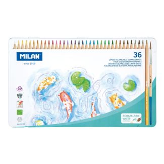 CAJA METALICA DE 36 LAPICES DE COLORES ACUARELABLES DE MINA GRUESA + PINCEL MILAN 07167436