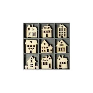 CAJA CON ADORNOS DE CASITAS DE MADERA 45 PCS 21-18521013 