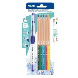 BLISTER PINCEL RECARGABLE WATER BRUSH + 5 LAPICES ACUARELABLES MILAN BWM10401