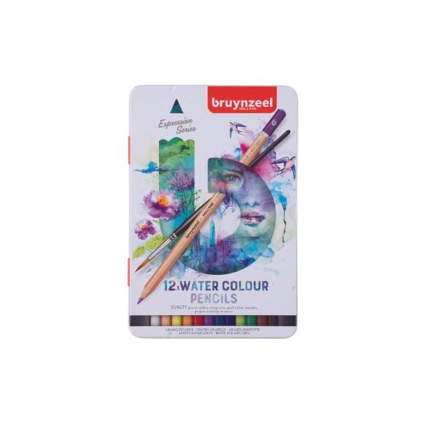 CAJA DE METAL CON 12 LAPICES DE COLORES ACUARELABLES + PINCEL EXPRESSION DE BRUYNZEEL 60313012 